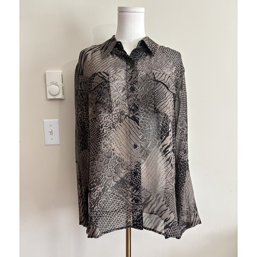 Chicos Large Button Up Shirt Roll Tab Sleeve Taupe Black 100% Silk Y2K Sheer